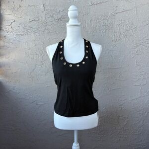 Aranina Black Halter Neck Tank Top Women's Size L Eyelet Detail